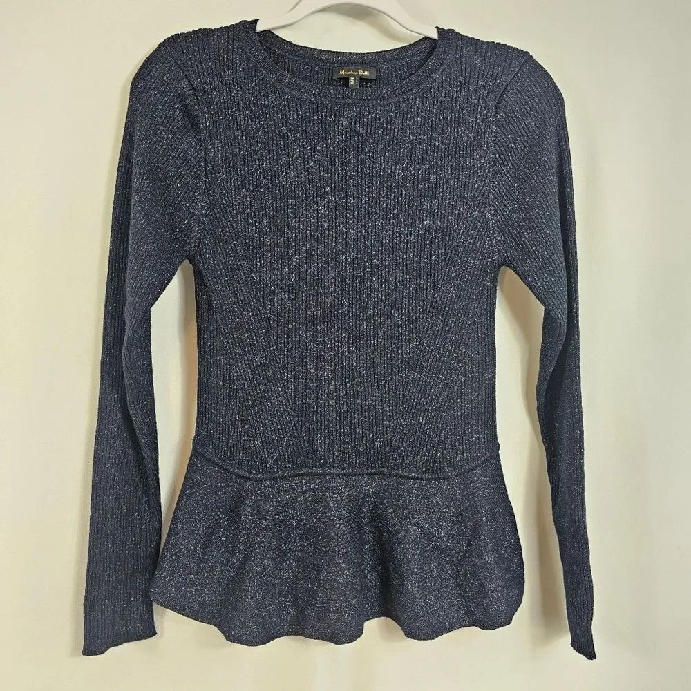 Massimo Dutti Ribbed Knit Peplum Sweater in Navy/Black - Size L